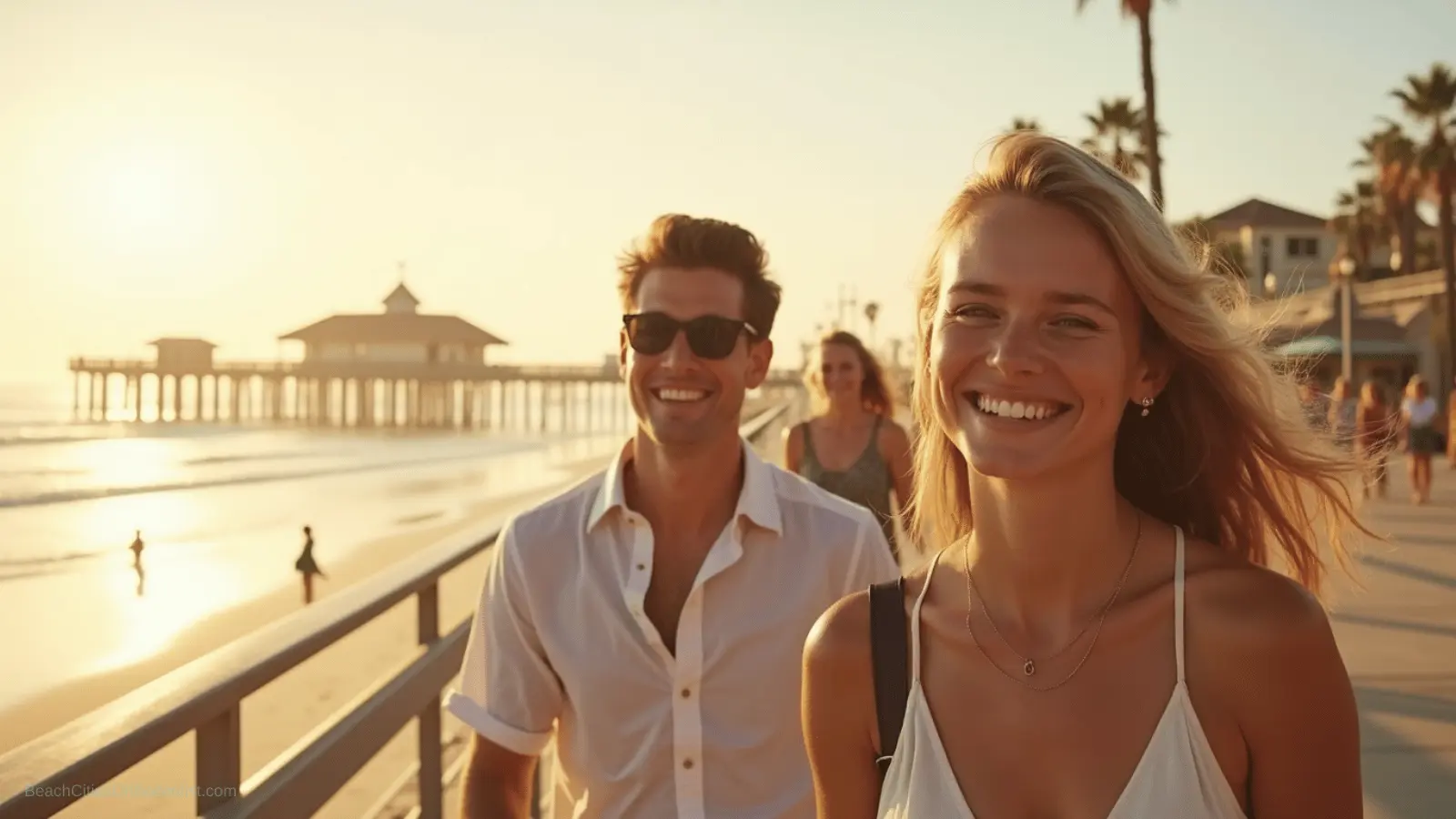 Manhattan Beach Pier at golden hour with a relaxed South Bay coastal vibe