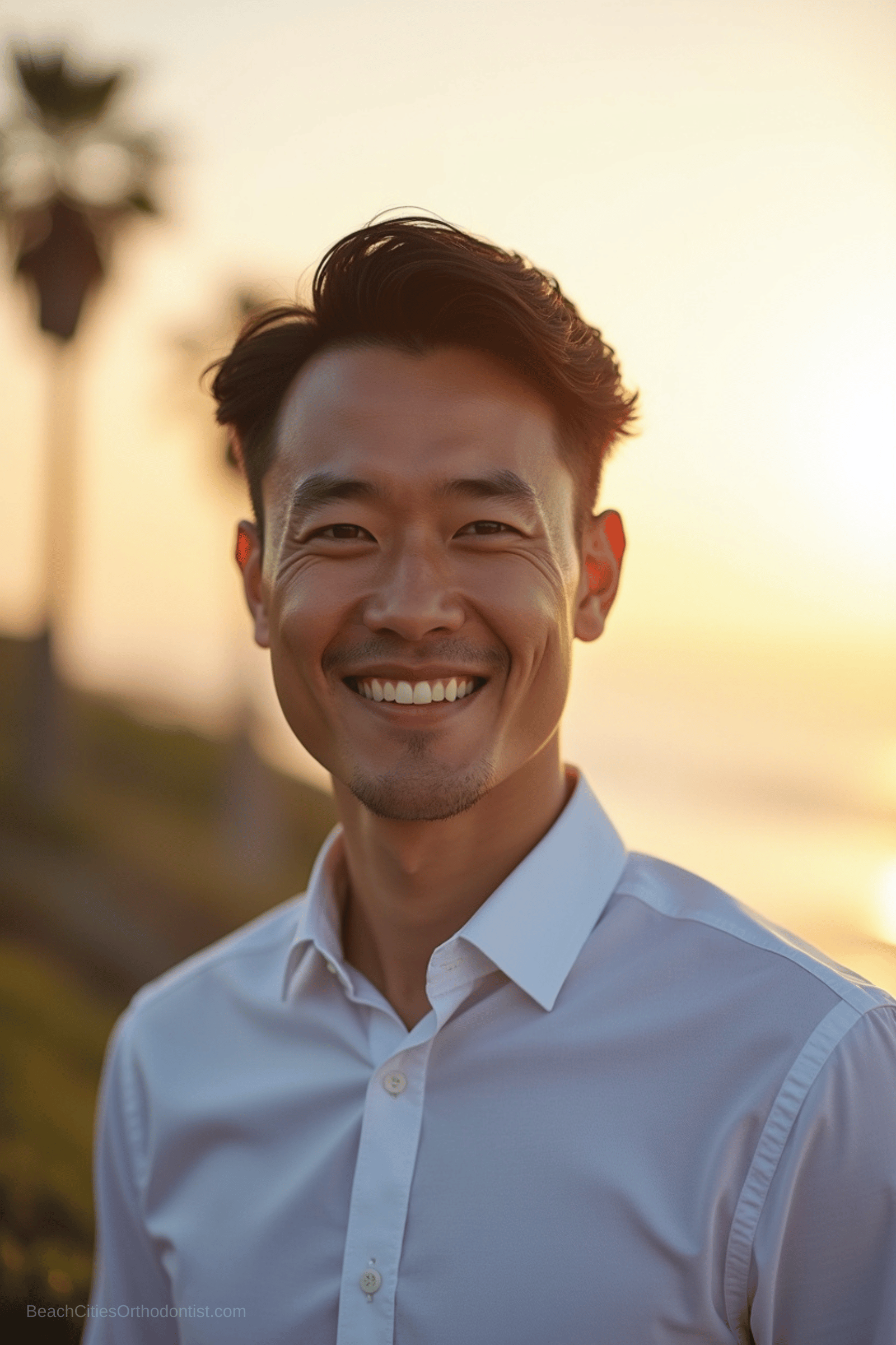 Discreet clear braces lifestyle portrait in warm coastal light