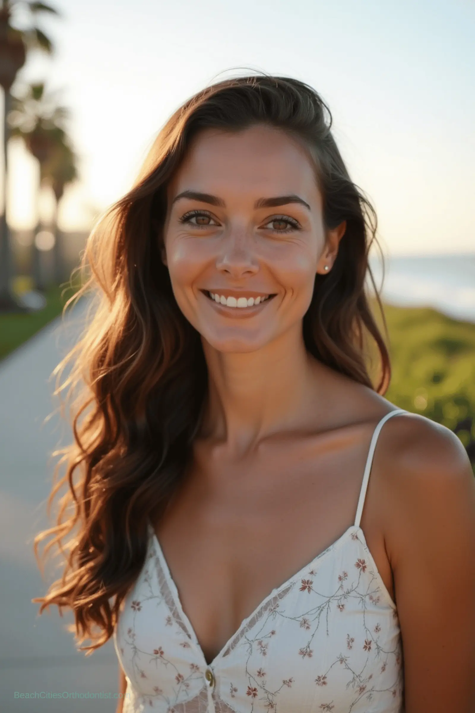 Invisalign bottom teeth only lifestyle portrait in warm coastal light