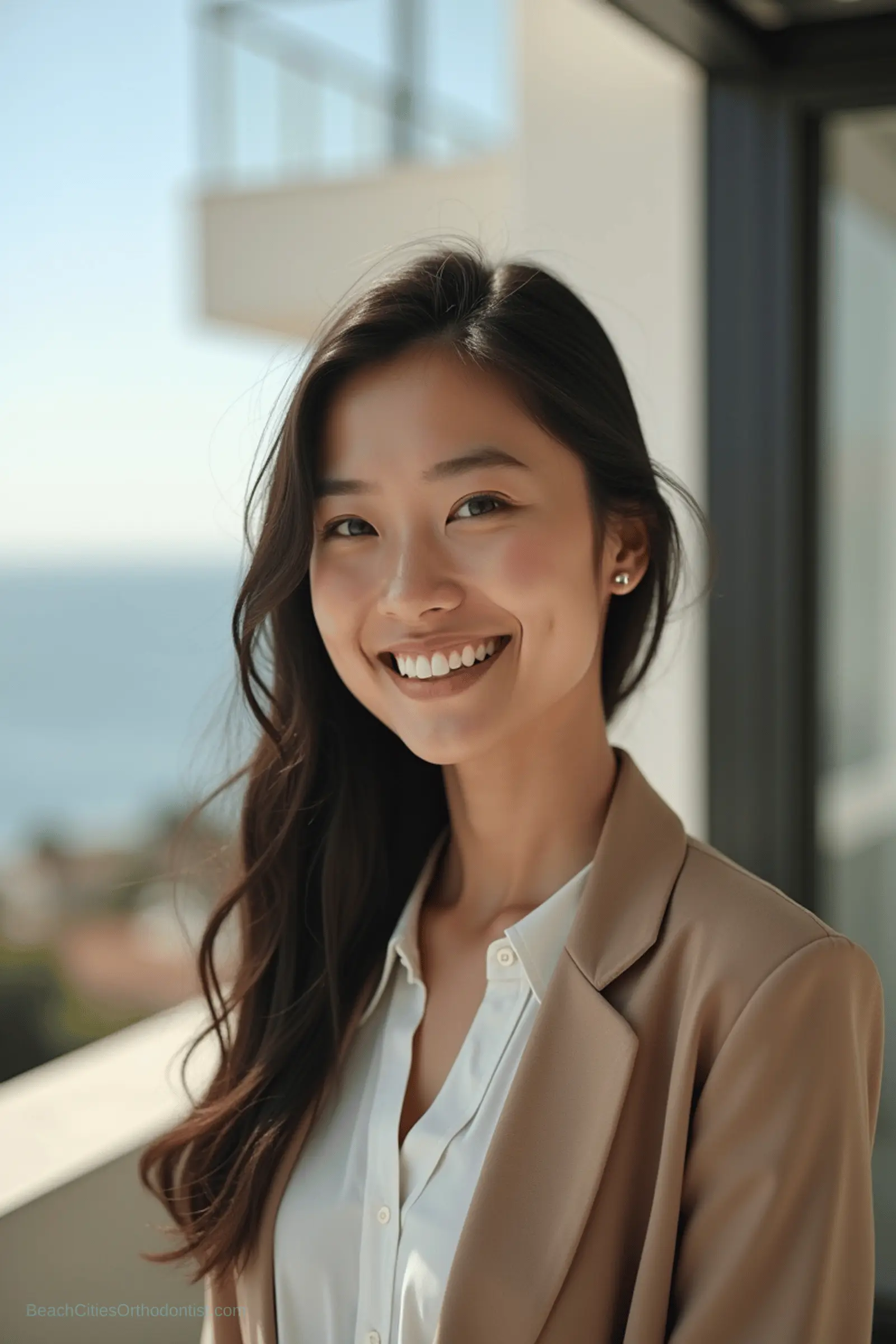 Invisalign Lite lifestyle portrait in warm coastal light
