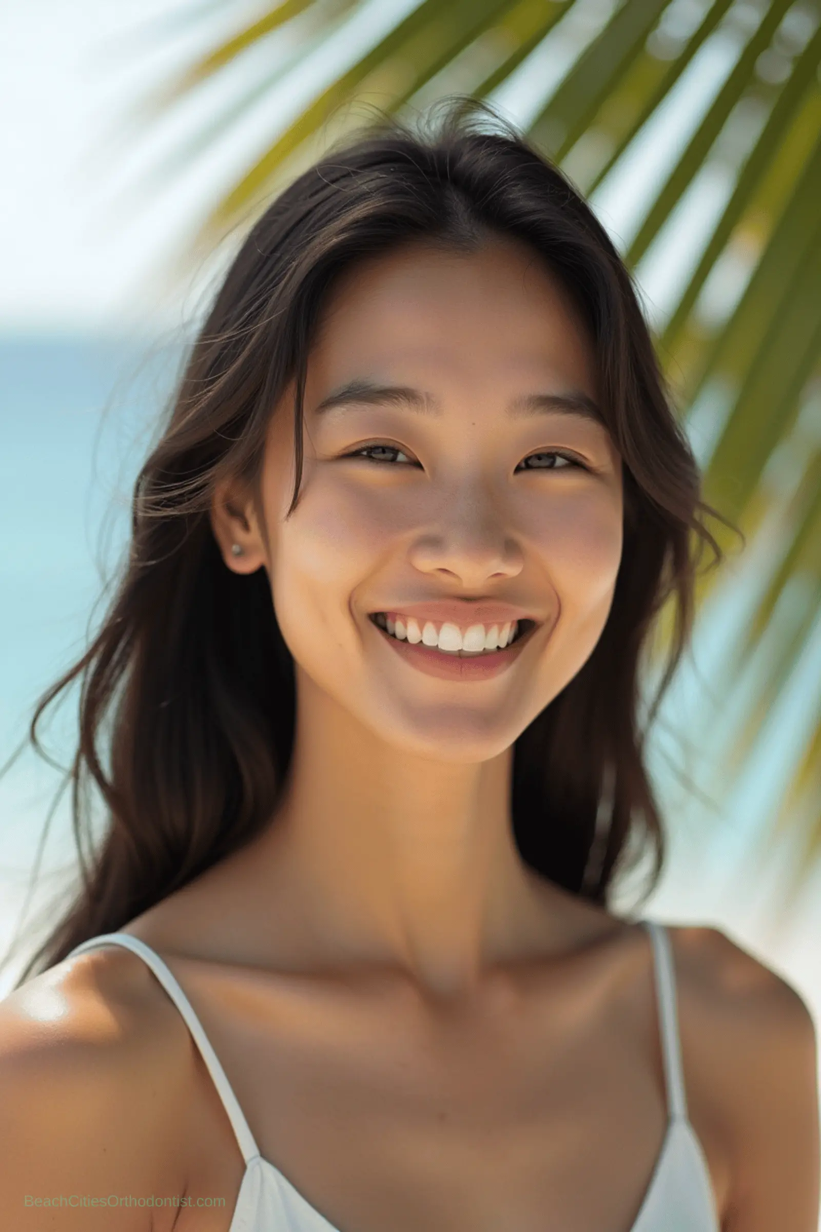 Invisalign top teeth only lifestyle portrait in warm coastal light
