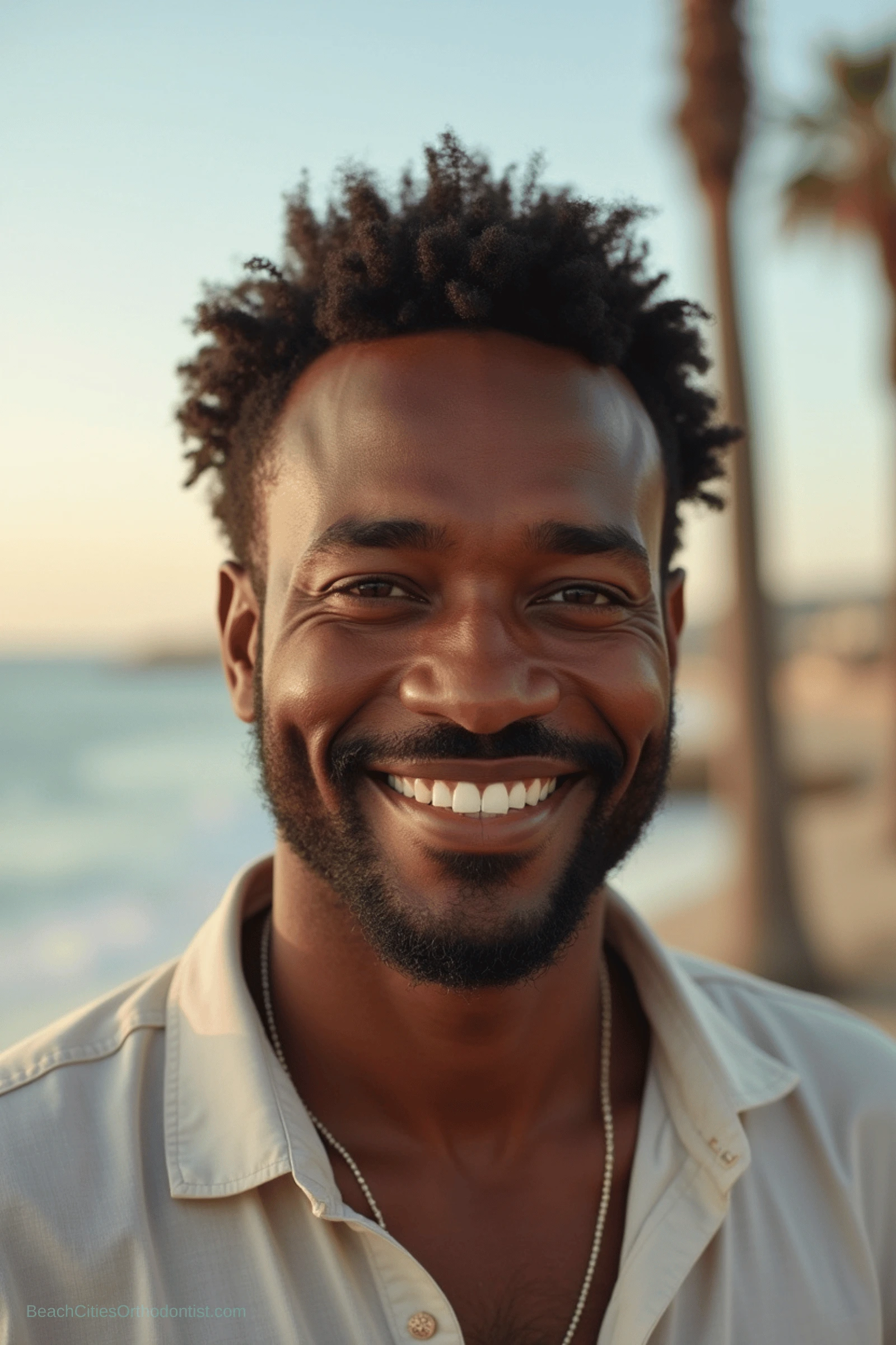 Adult orthodontics lifestyle portrait in warm coastal light